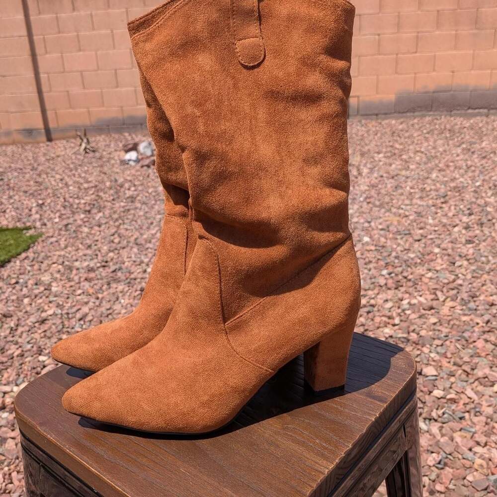 Tan Suede Mid-Calf Pointed Toe Block Heel Boots